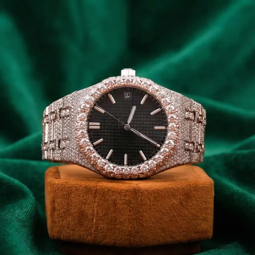 Audemars Piguet Royal Oak–Inspired Rose Gold Fully Iced Automatic Watch Black Tapisserie Dial Luxury Steel Bracelet Angle 1