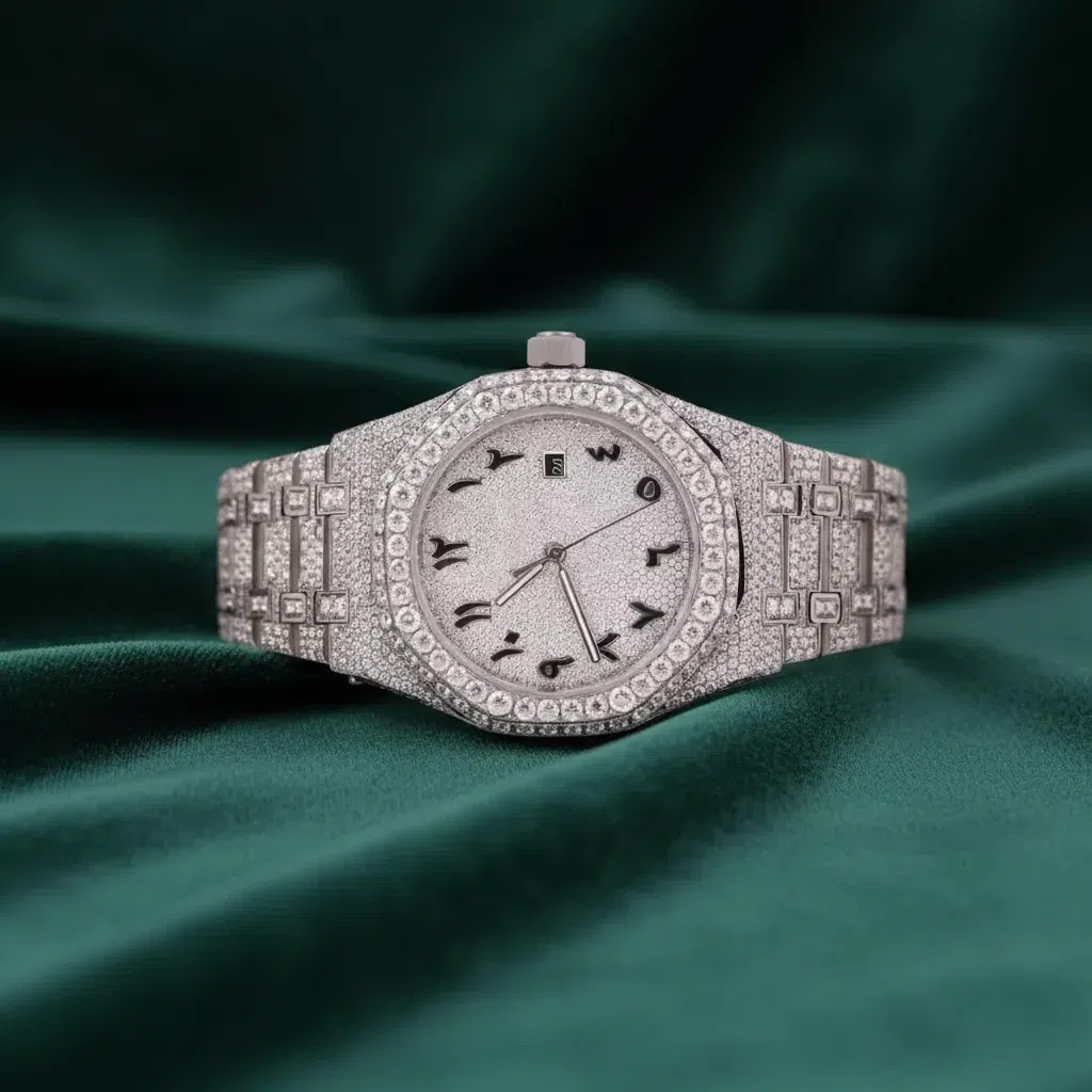 Moissanite AP Full Iced Arabic Numeral Automatic Stainless Steel Watch – Silver Pavé Dial Angle 1