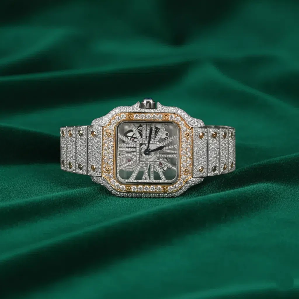 Cartier Hip Hop Rose Gold Spiked Fully Iced Square Watch Roman Numeral Dial Luxury Custom Statement Timepiece Angle 1