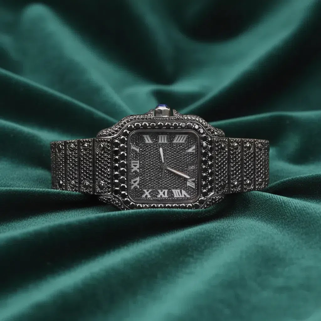 Cartier Santos–Inspired All Black Iced Square Watch Full Pavé Roman Dial Luxury Timepiece Angle 1