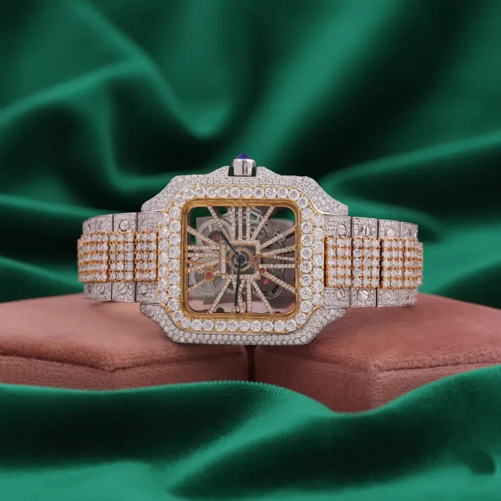 Cartier Santos–Inspired Skeleton Fully Iced Automatic Watch Two-Tone Gold & Silver Square Case Luxury Bracelet Angle 1