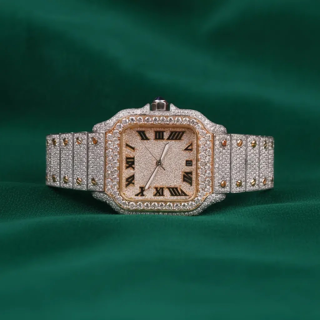 Cartier Two Tone Fully Iced Square Watch Roman Numeral Dial Luxury Stainless Steel Bracelet Angle 1