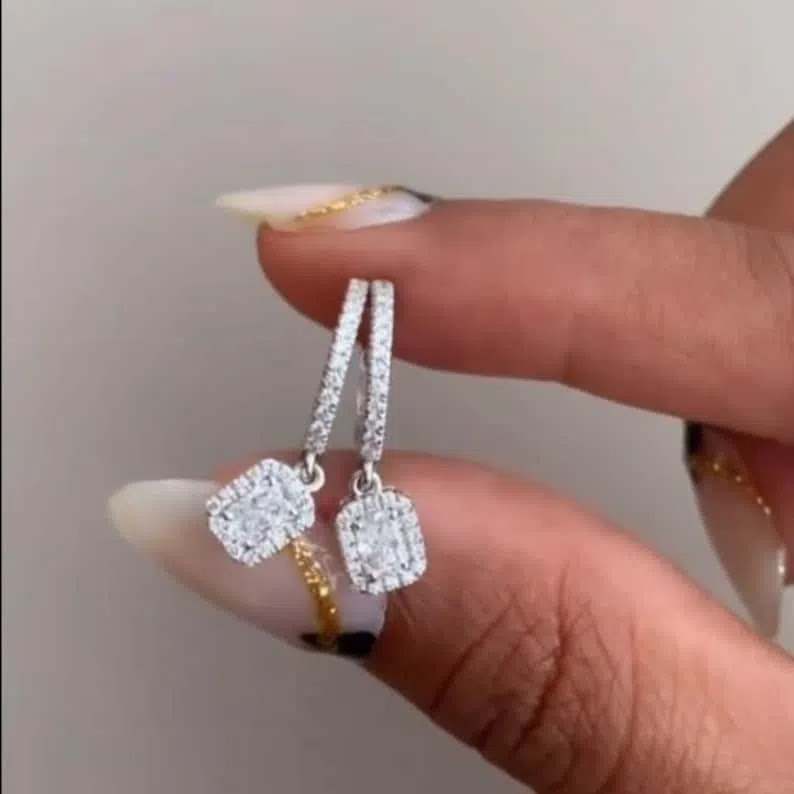 2 CT Radiant Cut Moissanite Halo Earrings, 14K Yellow Gold Huggie Hoop Drops, Radiant Halo Dangle Earrings, Luxury Br… Angle 1