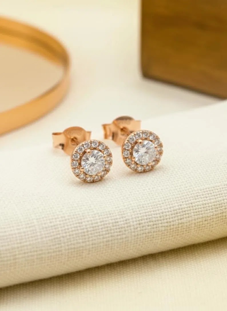 Lab Diamond Halo Stud Earrings / Minimalist Halo Earrings / Wedding Earrings Gift for Her Angle 1