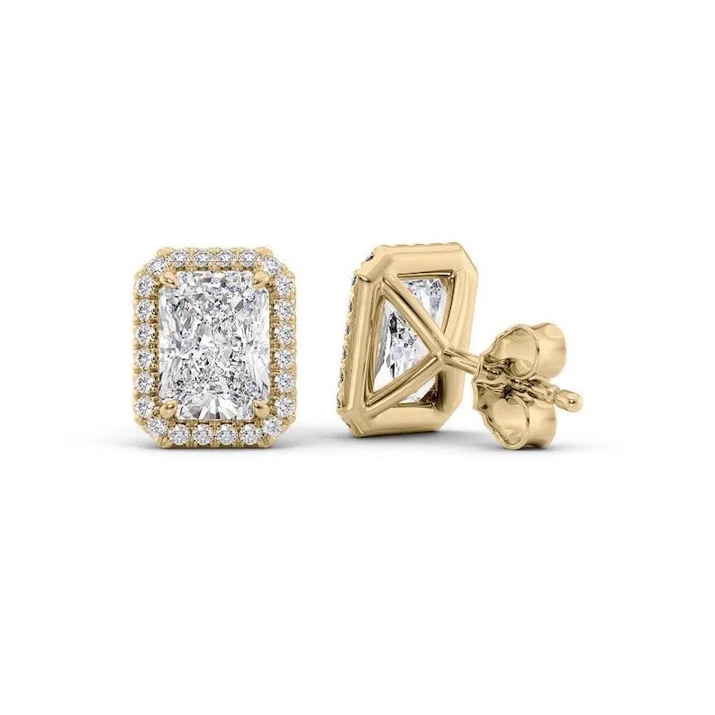Radiant Cut Lab Grown Diamond Stud Earrings: 14K Gold Halo, IGI Certified Angle 1