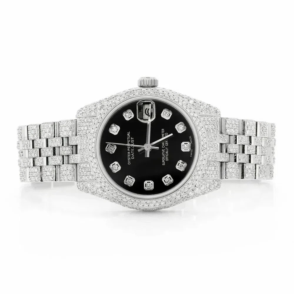 Rolex Datejust Style Full Iced Automatic Chronograph Watch Silver Stainless Steel with Black Diamond Dial Angle 1