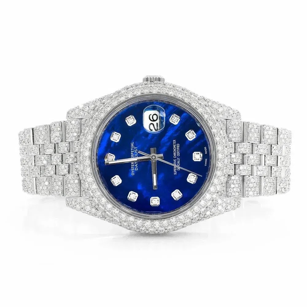 Rolex Datejust Style Full Iced Automatic Chronograph Watch Silver Stainless Steel with Royal Blue Diamond Dial Angle 1