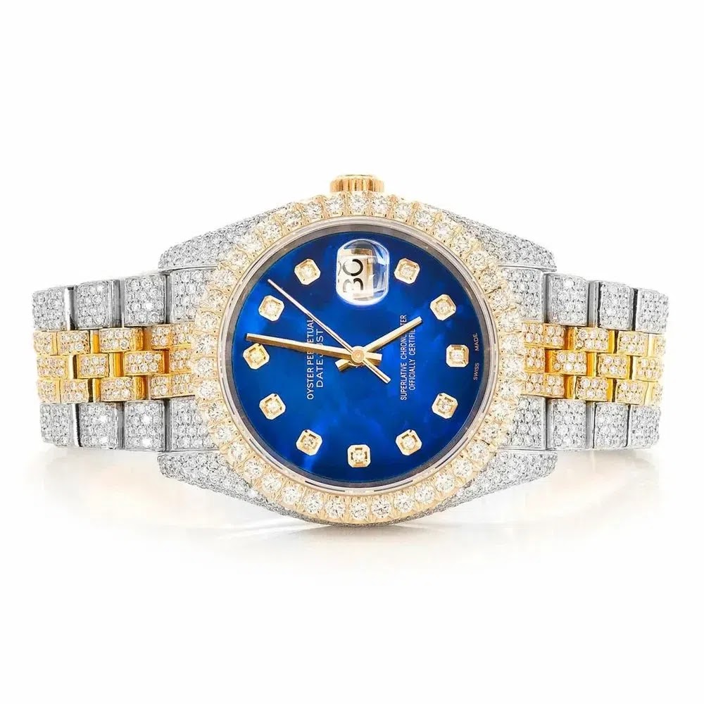 Rolex Datejust Style Two-Tone Full Iced Automatic Chronograph Watch Yellow Gold & Silver Stainless Steel Royal Blue D… Angle 1
