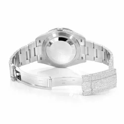 Rolex Day-Date Style Full Iced Automatic Chronograph Watch Silver Stainless Steel with Slate Grey Roman Dial Angle 1